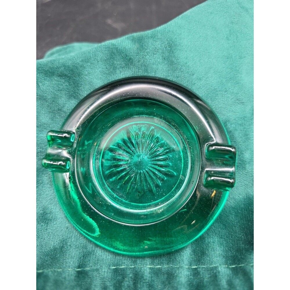 Vintage 1950s Heavy Green Cut Glass Ashtrays Emerald Green Starburst Design